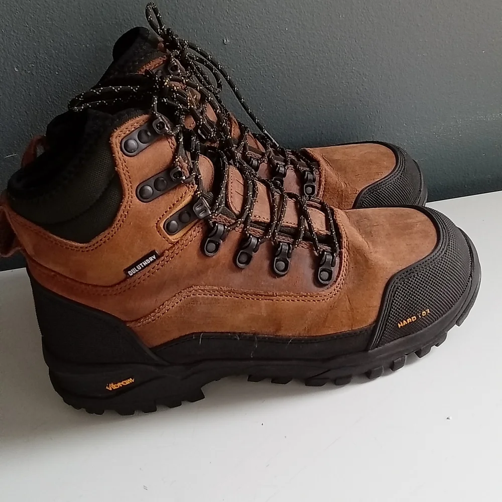 Duluth Trading Co Mens Mid Hiking Boots Waterproof Vibram Brown Leather Hard Toe